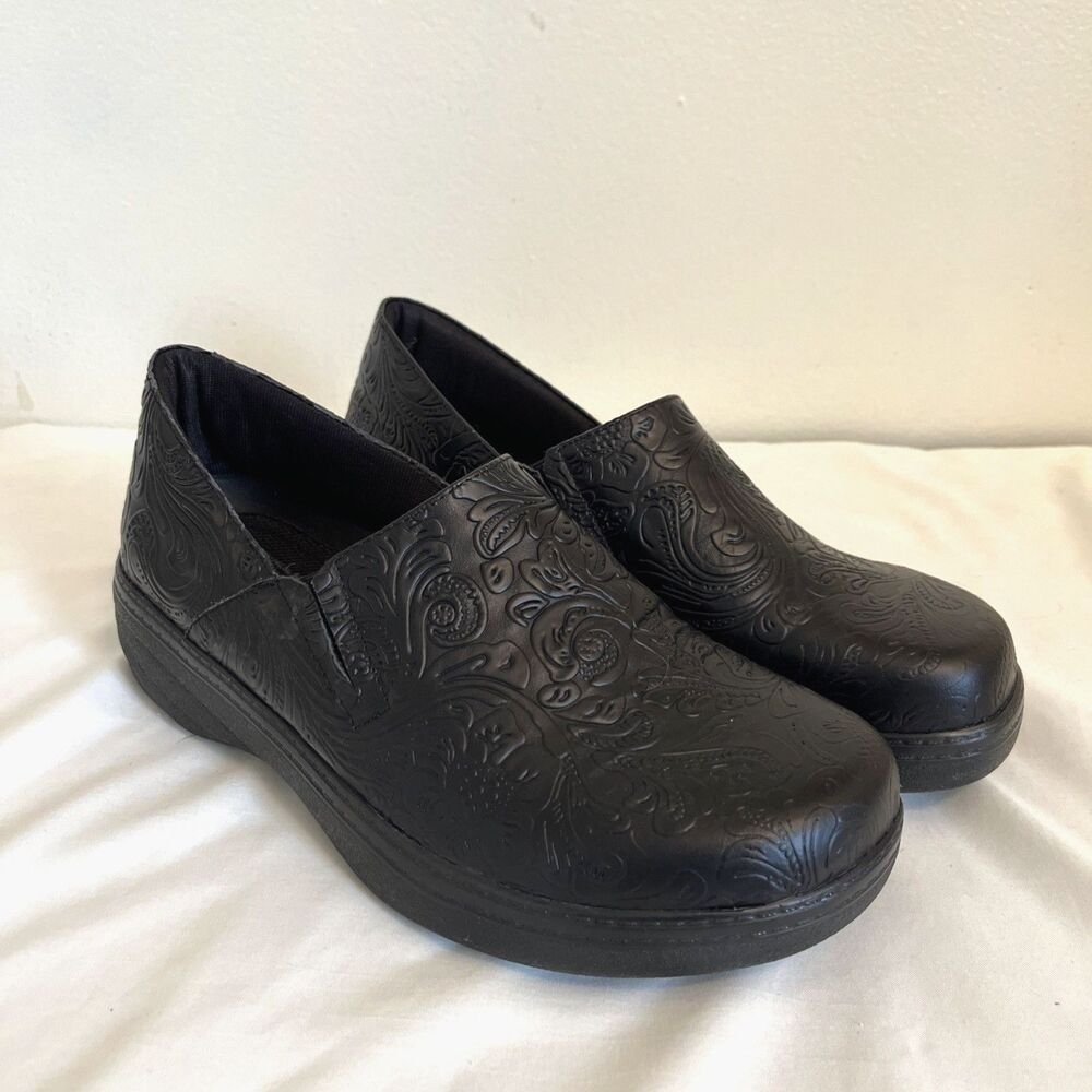 LANDAU Women’s Leather Vitality Nursing Slip On Shoe Clog, Black Paisley- Size 9